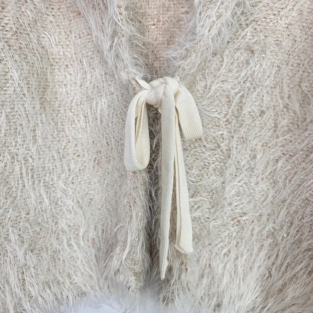 Free People Mina Fuzzy Sequin Tie Front Cardigan Cream Ivory Size Large - Picture 7 of 9